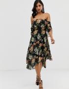Asos Design Bandeau Midi Dress In Layered Floral Print - Multi