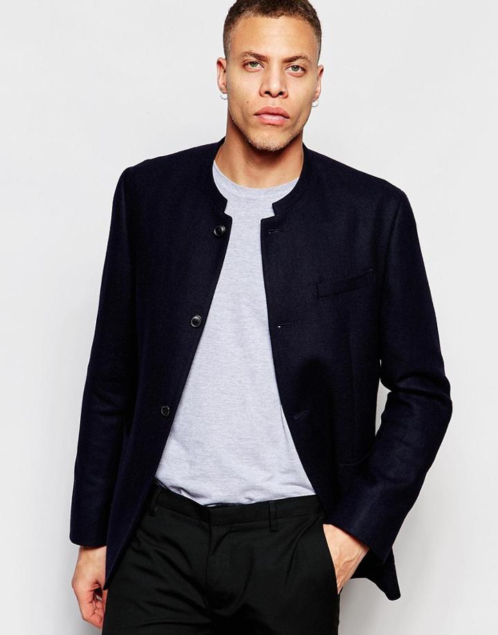 Asos Slim Blazer With Mandarin Collar - Navy