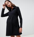 Asos Design Maternity Nursing Mini Smock Dress In Rib With Faux Horn Buttons-black