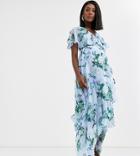 Asos Design Maternity Cape Back Dipped Hem Maxi Dress In Blue Floral Print-multi