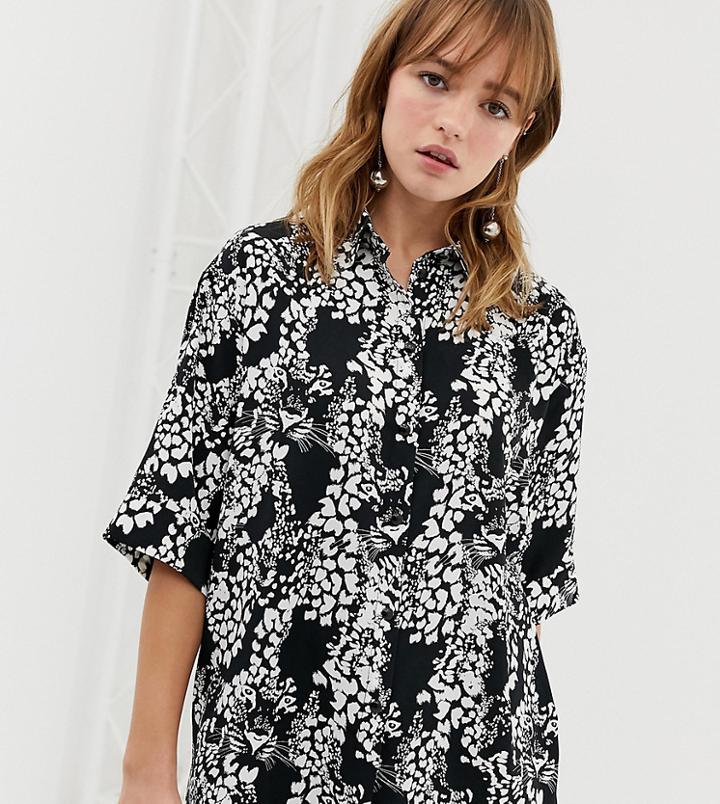 Monki Tiger Face Print Oversized Blouse In Black - Black