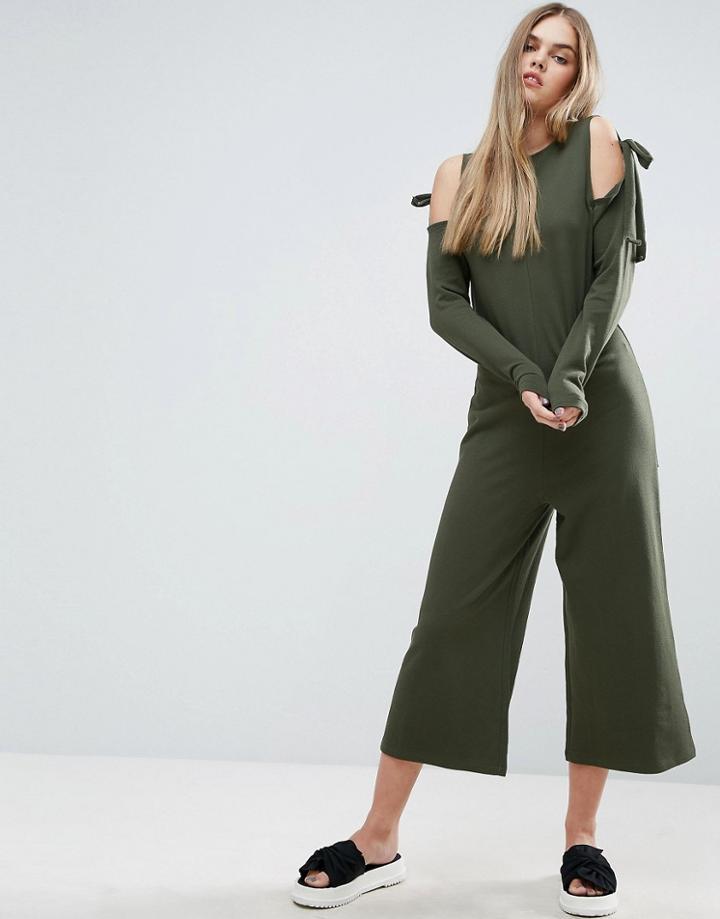 Asos Sweat Jumpsuit With Shoulder Tie Detail - Yellow