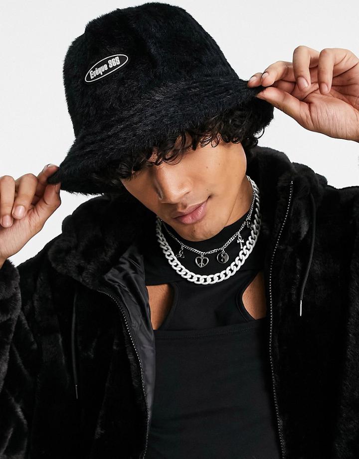 Asos Design Y2k Fluffy Bucket Hat With Badge In Black