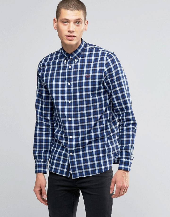 Fred Perry Shirt In Gingham Herringbone In Mid Blue In Slim Fit - Blue