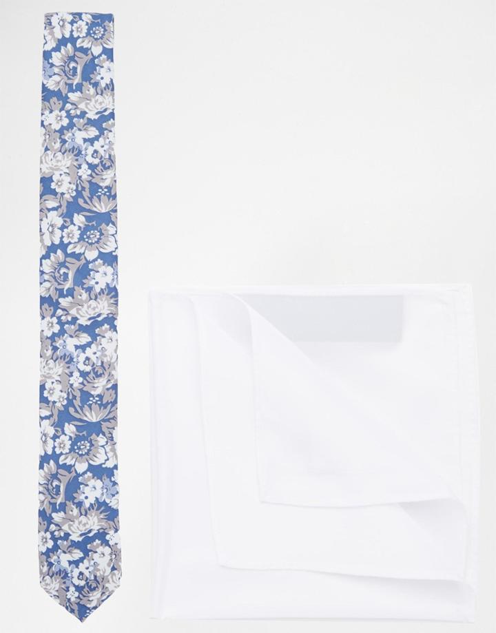 Asos Wedding Floral Tie And White Pocket Square Pack Save 21% - Blue