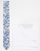 Asos Wedding Floral Tie And White Pocket Square Pack Save 21% - Blue