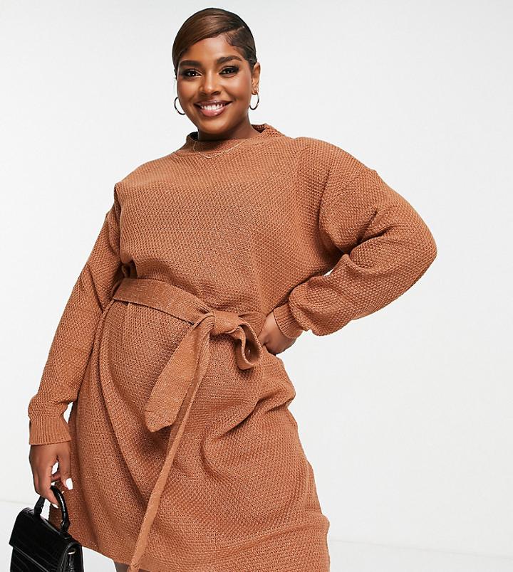 Glamorous Curve Long Sleeve Mini Sweater Dress With Tie Waist In Brown