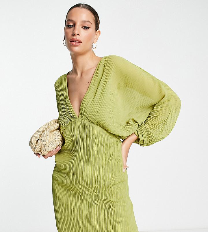 Asos Design Tall Bias Plisse Mini Dress With Batwing Sleeve In Olive-green