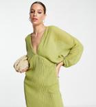 Asos Design Tall Bias Plisse Mini Dress With Batwing Sleeve In Olive-green