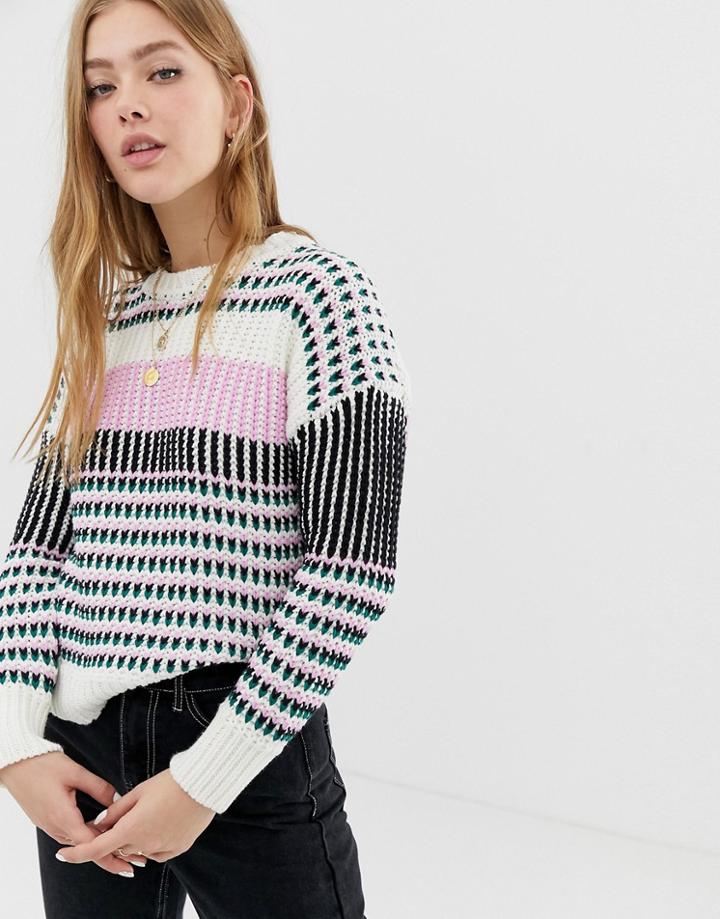 Only Contrast Stitch Cable Sweater - Green