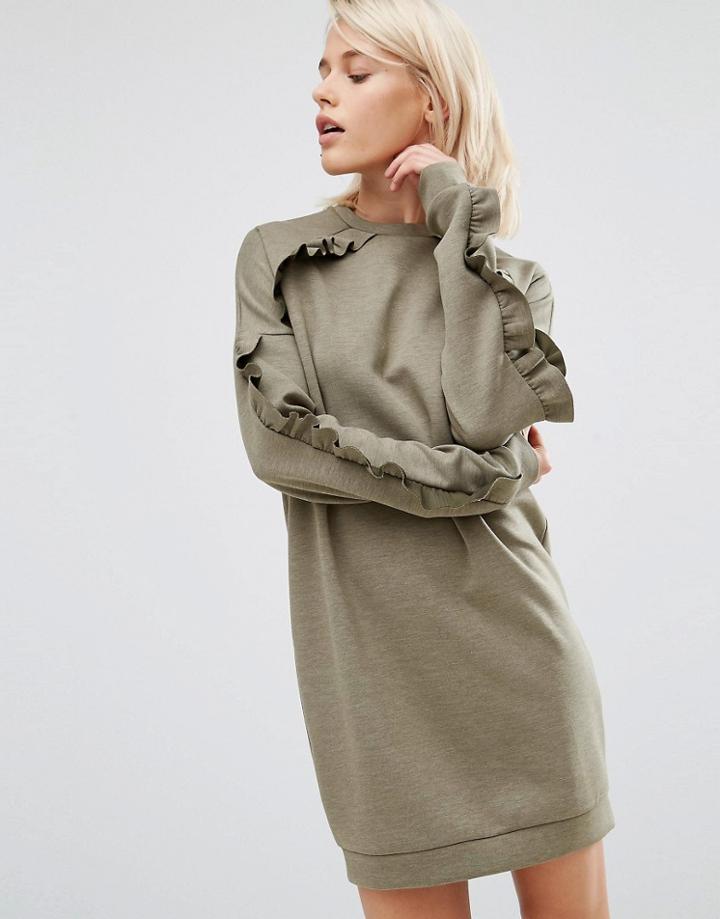 Asos Sweat Dress With Frill Detail - Green