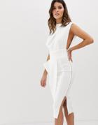 Asos Design Premium High Neck Midi Pencil Dress With Drape Skirt-white