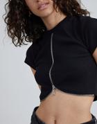 The Ragged Priest Crop T-shirt With Zip Front In Rib-black