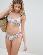 Prettylittlething Floral Print Frill Bikini Bottoms - Blue