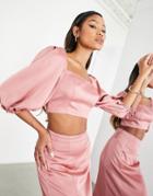 Asos Edition Satin Puff Sleeve Crop Top In Dusky Rose - Part Of A Set-pink