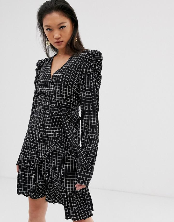 Gestuz Denice Check Print Wrap Mini Dress With Puff Sleeves - Black