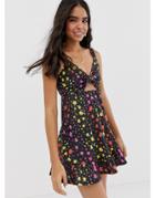 Asos Design Tie Front Mini Sundress With Cut Out In Floral Print-multi