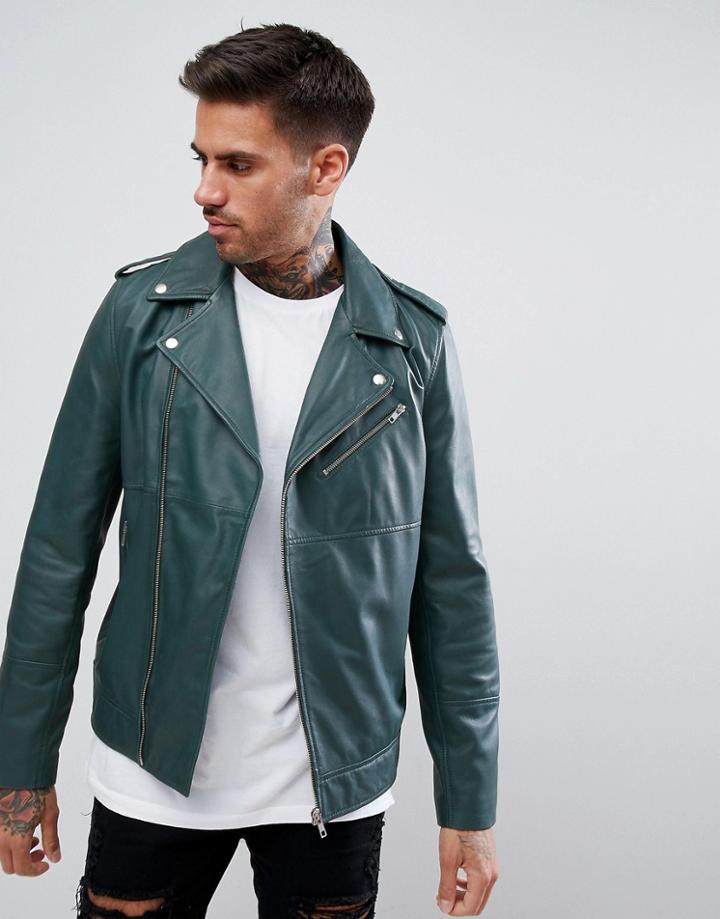 Asos Leather Asymmetric Biker Jacket In Bottle Green - Green