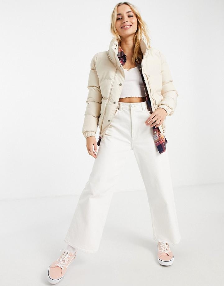 Brave Soul Slay Peach Skin Puffer Jacket In Cream-white