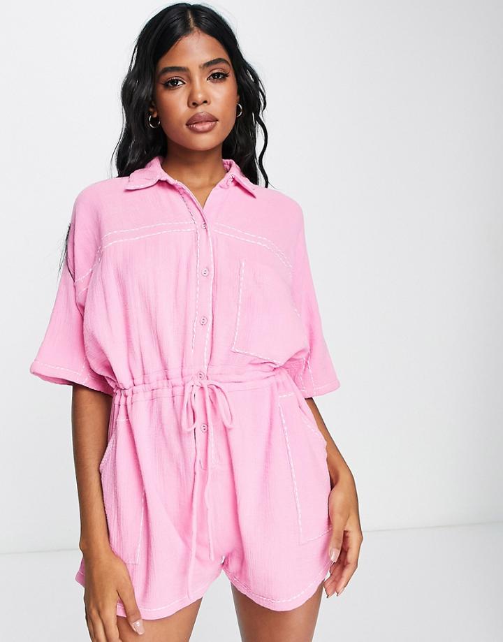 Asos Design Double Cloth Contrast Stitch Shirt Romper In Pink