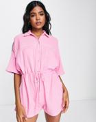 Asos Design Double Cloth Contrast Stitch Shirt Romper In Pink