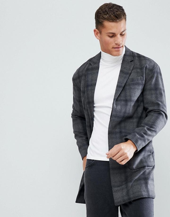 Stradivarius Check Overcoat In Gray - Gray