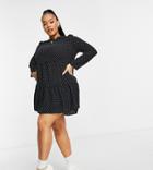 Asos Design Curve Long Sleeve Tiered Smock Mini Dress In Dots-multi
