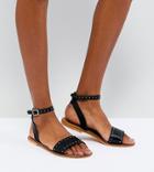 Asos Freja Leather Studded Flat Sandals - Black