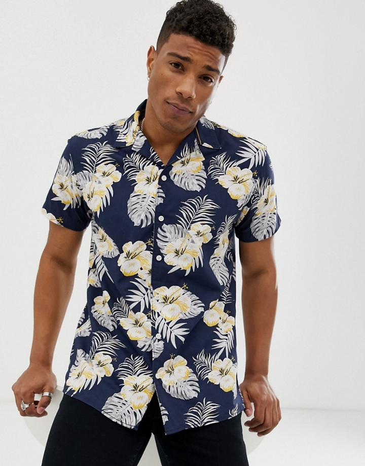 Jack & Jones Originals Revere Collar Shirt With All Over Print In Navy - Navy