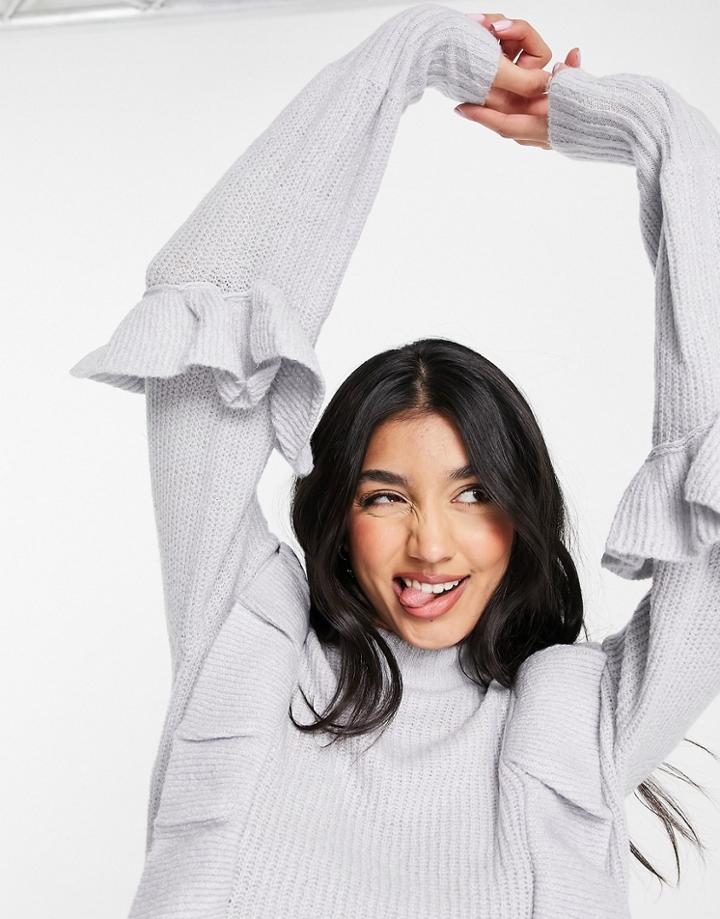 Influence Frill Detail Sweater In Gray