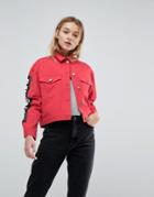 Asos Denim Jacket In Red With Contrast Stitch And Printed Sleeve - Red