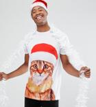 Asos Tall Holidays Longline T-shirt With Cat Print & Glitter Effect - White