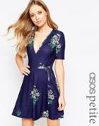 Asos Petite Tea Dress With Wrap Front In Floral Print - Multi
