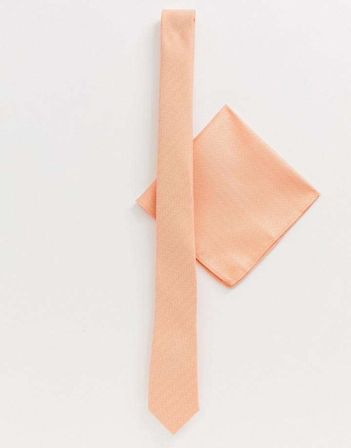 Asos Design Wedding Slim Tie & Pocket Square In Peach Texture - Pink