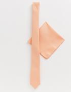 Asos Design Wedding Slim Tie & Pocket Square In Peach Texture - Pink