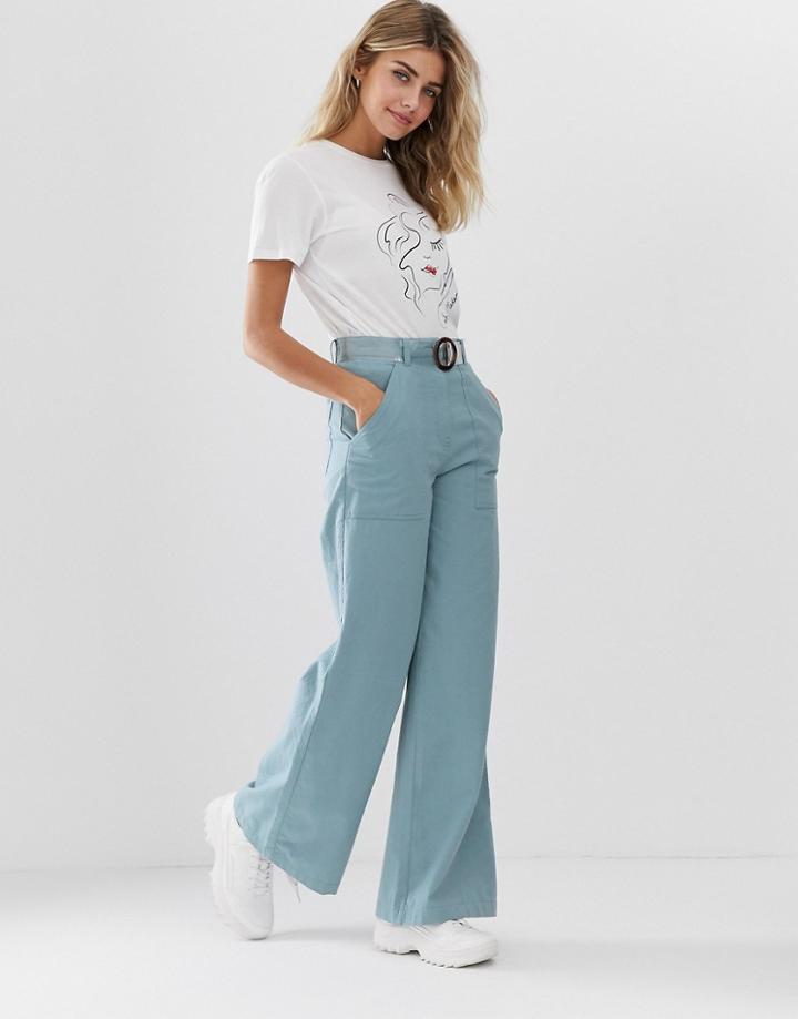 Asos Design Washed Wide Leg Flare Pants With Belt-blue