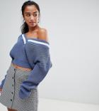 Boohoo Petite Cropped V Neck Sweater In Blue - Blue