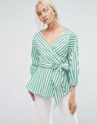 Gestuz Wrap Stripe Blouse With Balloon Sleeve And Tie Waist - Green