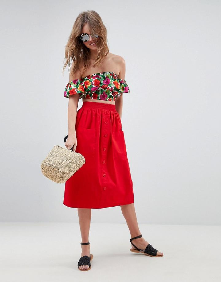 Asos Design Cotton Midi Skirt With Button Front - Red