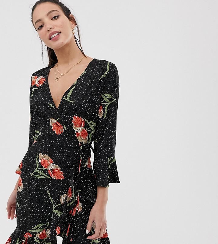 Influence Tall Floral And Polka Dot Frill Wrap Dress-black