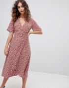 New Look Ditsy Floral Wrap Front Midi Dress - Brown