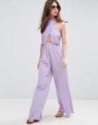 Asos Jumpsuit With Cross Front And Super Wide Leg - Purple