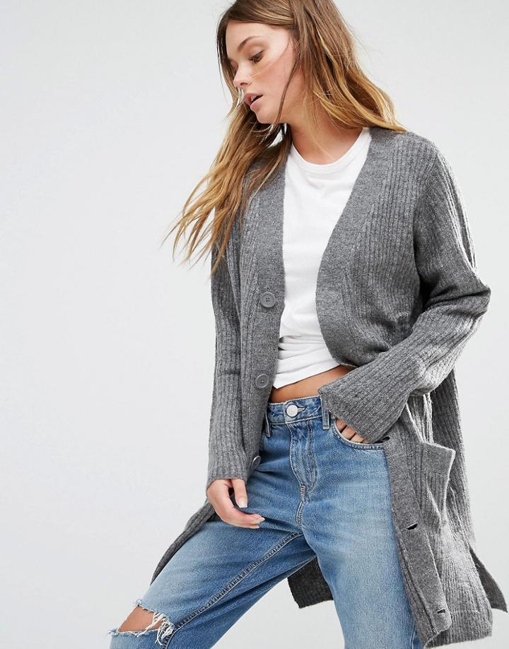 J.d.y Ribbed Longline Cardigan - Gray