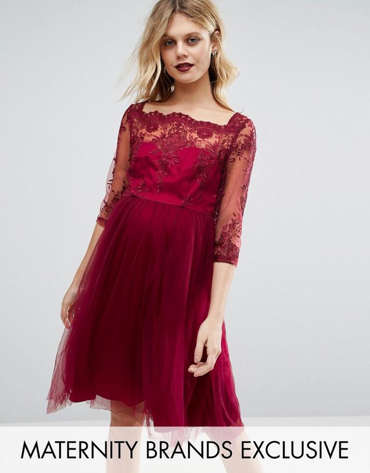 Chi Chi London Maternity Premium Lace Embroidered Prom Dress With Tulle Skirt - Red