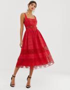 Asos Design Square Neck Midi Prom Dress In Broderie With Lace Insert - Red