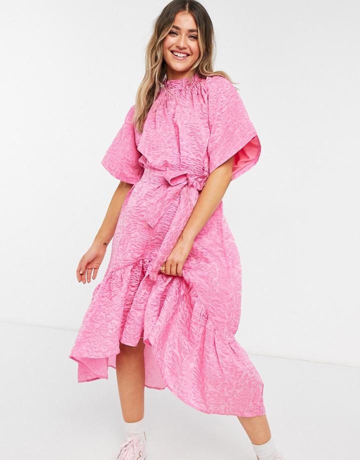 Forever U Midi Dress With Tie Detail In Pink Jacquard