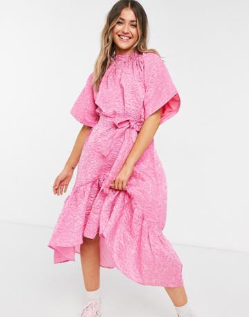 Forever U Midi Dress With Tie Detail In Pink Jacquard