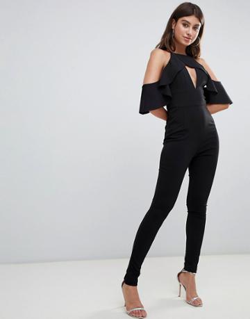 Rare London Cold Shoulder Frill Jumpsuit - Black