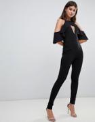Rare London Cold Shoulder Frill Jumpsuit - Black