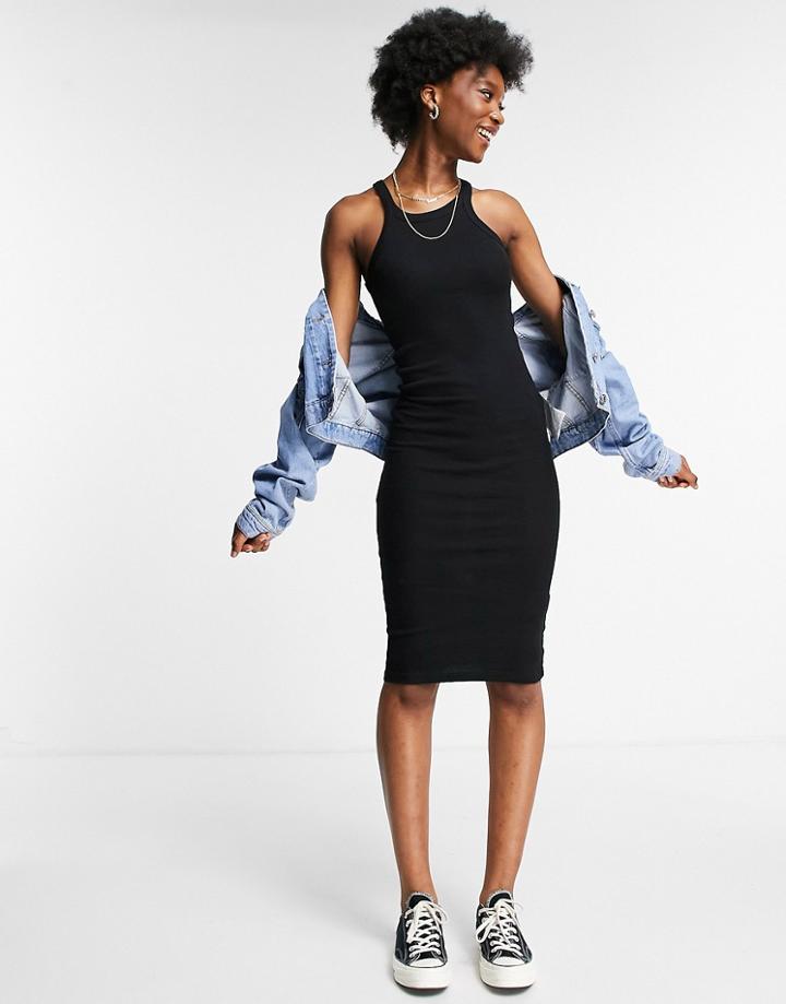 Pull & Bear Ribbed Midi Dress In Black